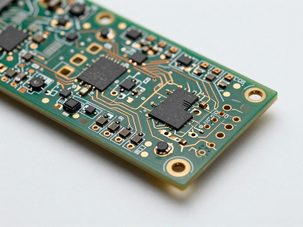 Close-up of a populated green circuit board with integrated circuits, dense routed traces, and plated holes around the board edge.