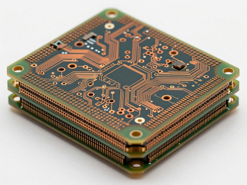 Close-up of a green multilayer circuit board with routed copper traces, via holes, and dense board detail on a light background.