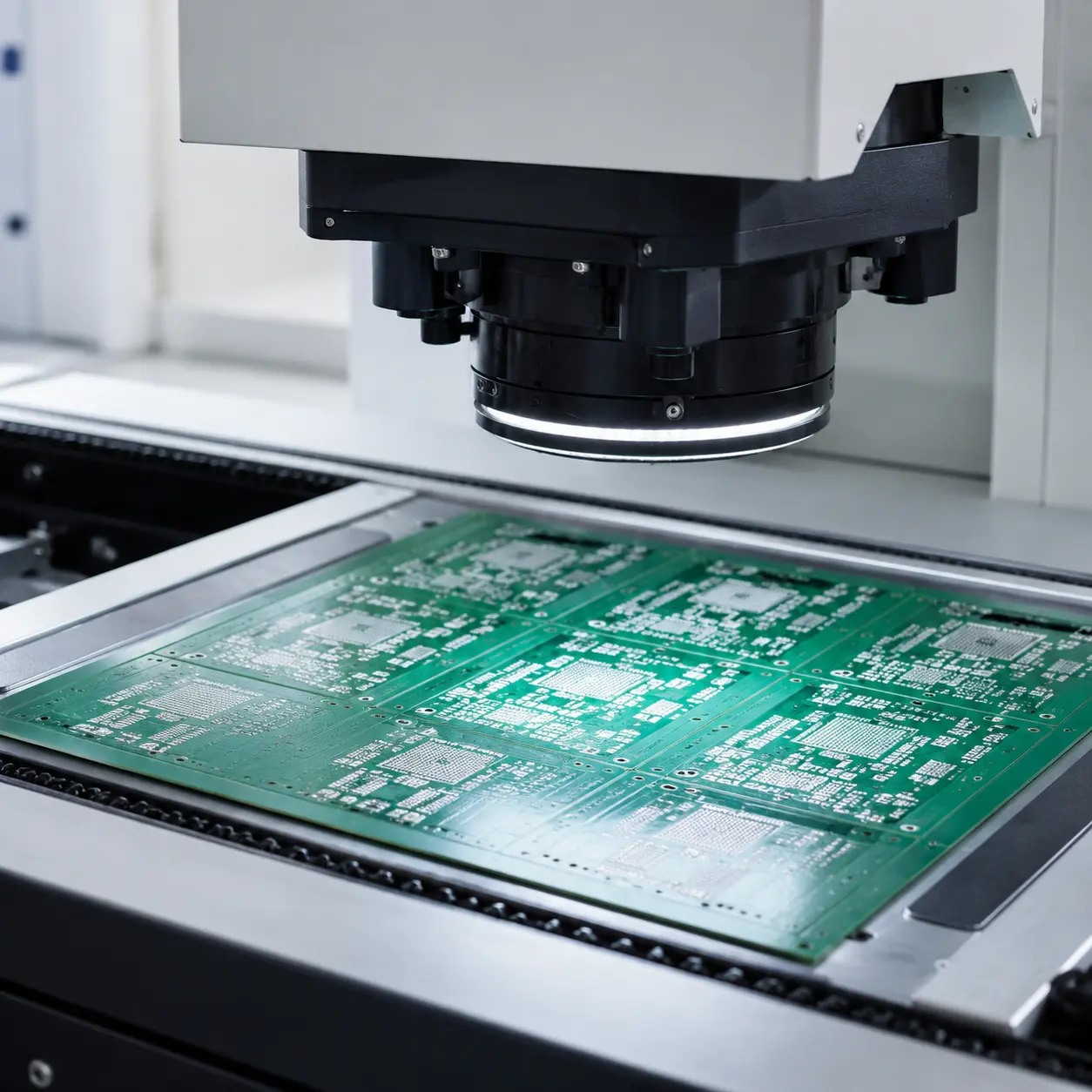 SPI inspection head positioned above an unpopulated green PCB with solder paste deposits on a clean electronics manufacturing line.