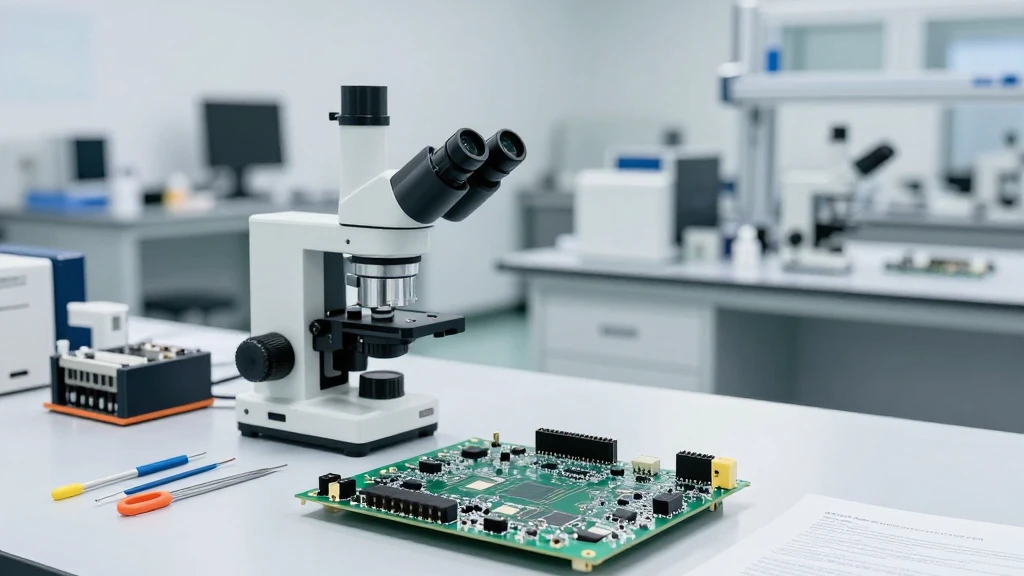Precision microscope above a populated PCB on an ESD-safe aerospace electronics inspection bench.