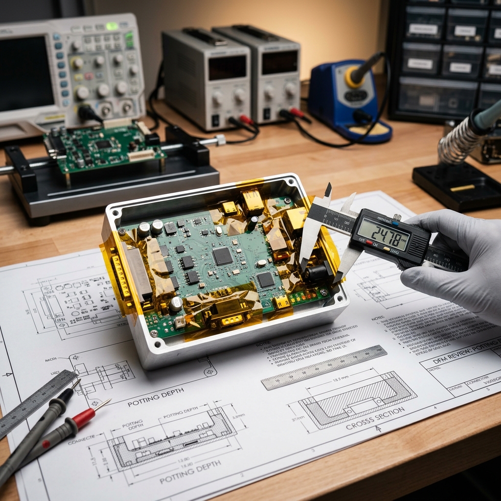 Bare PCB and measurement tools on a clean bench, representing a manufacturability review before production.