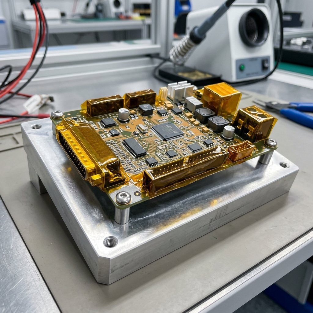 A populated PCB prepared for potting with protected connector openings, visible keepout/masking context, and clean fixture support.
