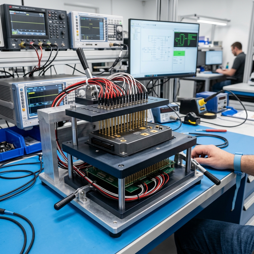 Test fixture or inspection setup for a potted PCBA, showing controlled verification context before shipment.