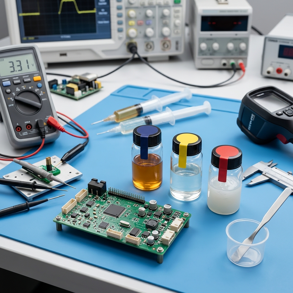 PCBA potting equipment dispensing resin onto an assembled circuit board on a clean manufacturing bench.