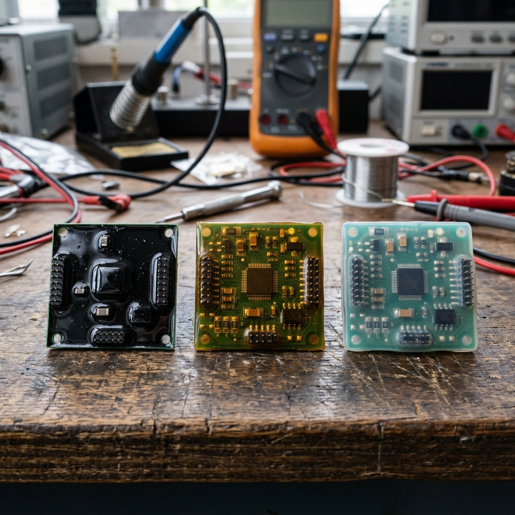 Different potting compound behaviors on small PCB assemblies: harder encapsulated sample, flexible sample, and repair-access context.