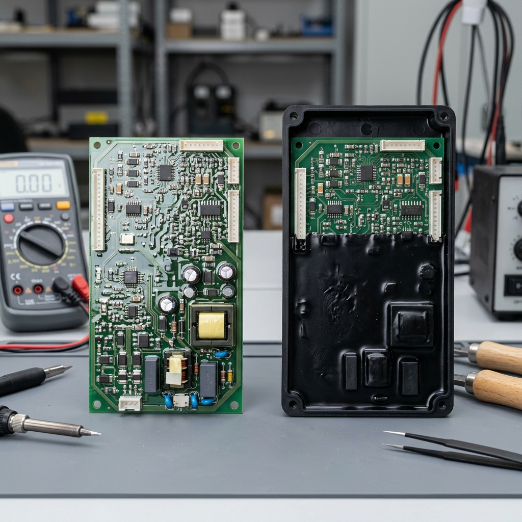 PCBA potting equipment dispensing protective resin onto an assembled circuit board.