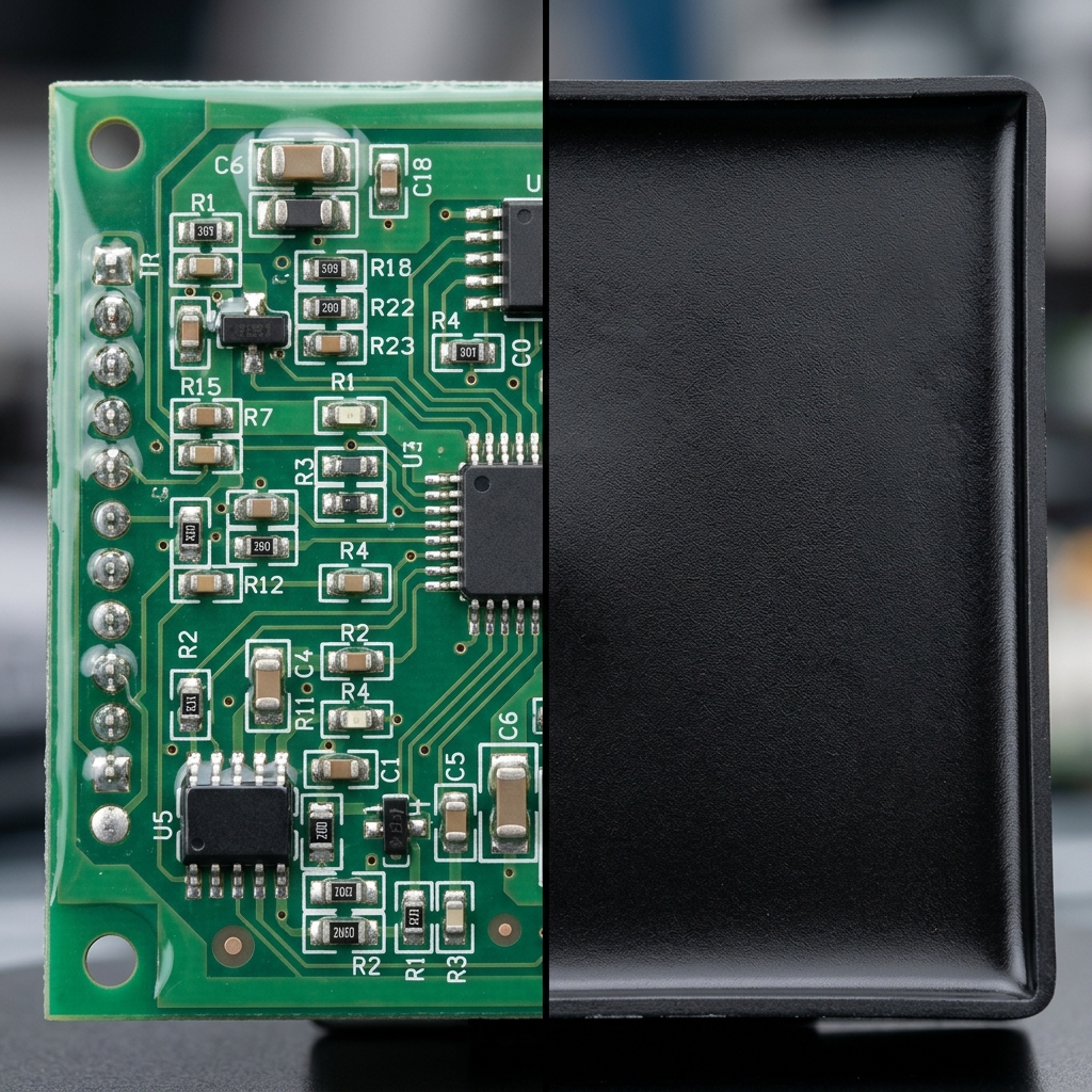 Side-by-side technical visual of a PCB with thin conformal coating and a PCB section filled with potting resin, emphasizing physical coverage and access differences.