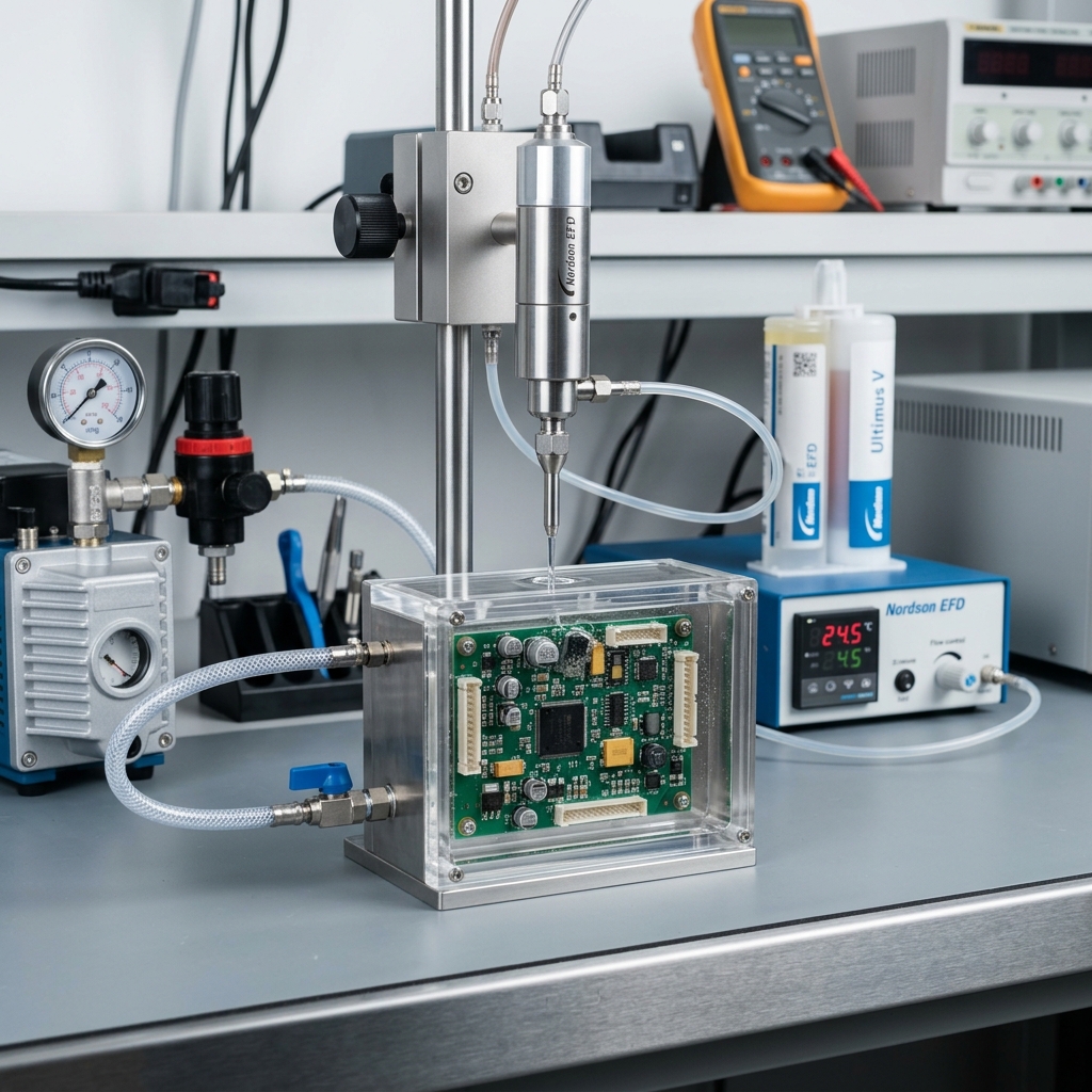 PCBA resin dispensing equipment in a clean controlled manufacturing environment.