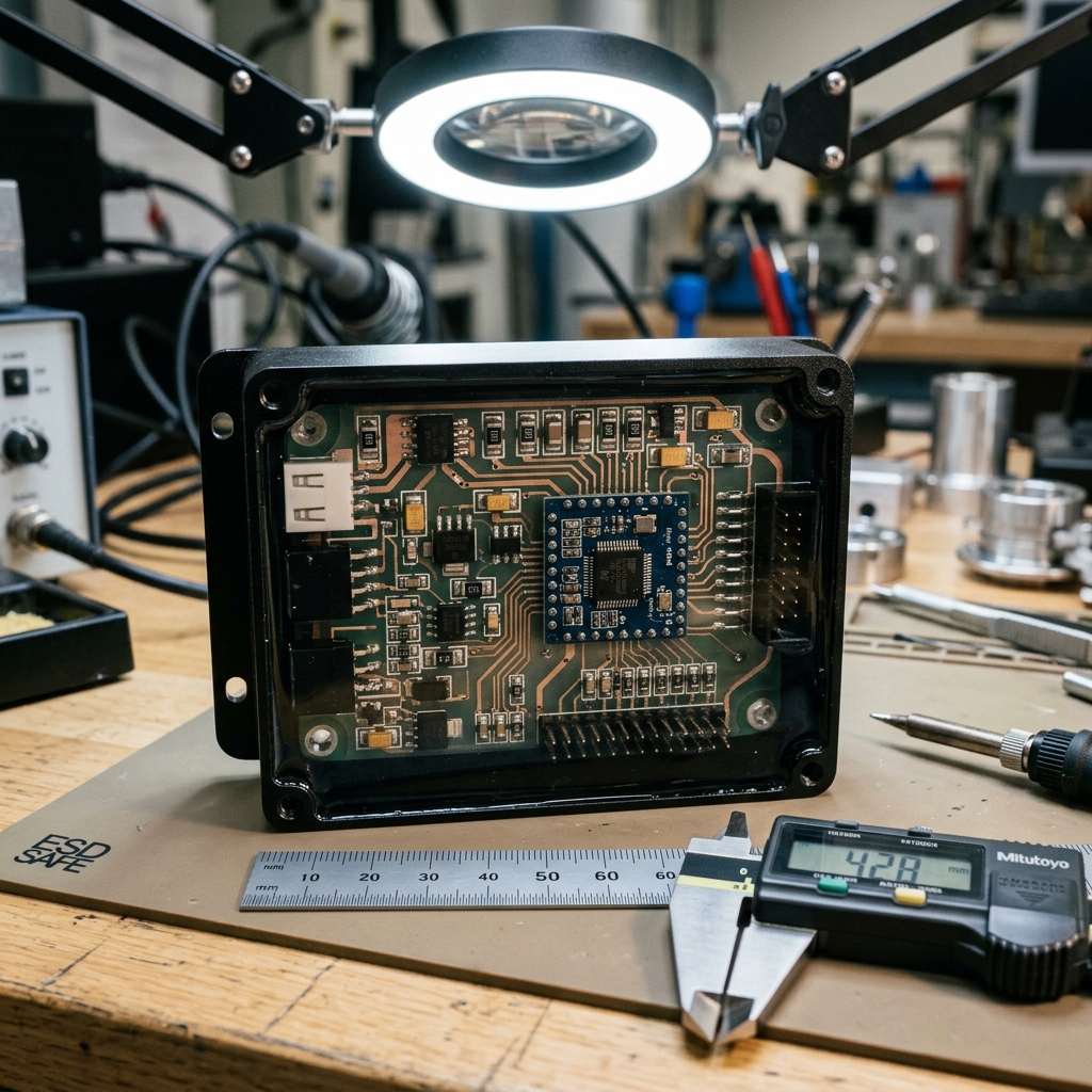 A potted PCB sample being inspected for bubbles or voids under controlled lighting, with resin fill and component geometry visible.
