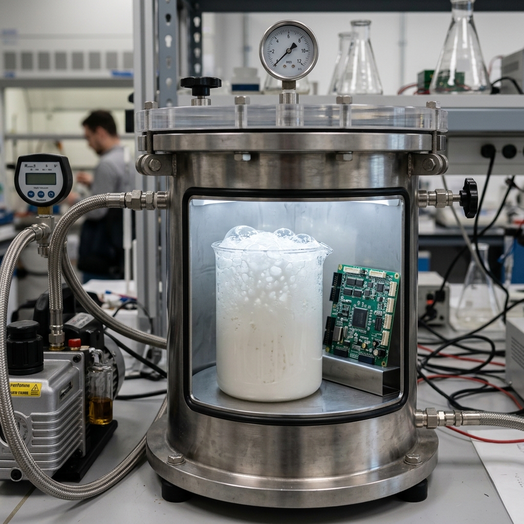 Resin degassing or vacuum-assisted potting setup with PCBA sample and controlled process context.