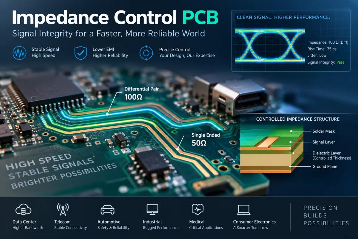 Controlled impedance PCB traces, signal integrity waveform, and multilayer stackup